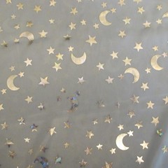 Silver stars and moon on Light Blue stretch Silky Spandex 1yd 12″ x 48