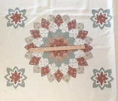 Vtg. Fabric *Cheater Quilt Top 72″L X 61″ W *Tan/Green Floral Medallions