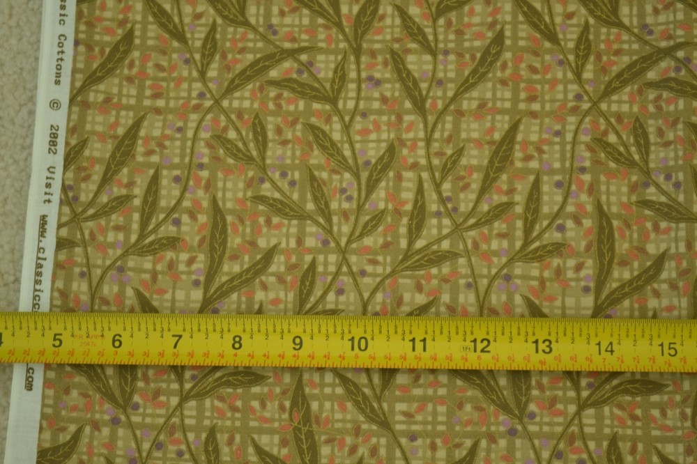 By 1/2 Yd, Olive Leaves on Lt-Olive Plaid Quilt Cotton, Classic Cottons, M6379