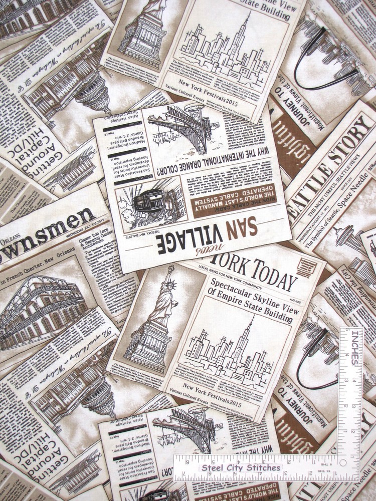 Cityscapes Newspaper Sepia Travel Cotton Fabric Paintbrush Studio By The Yard
