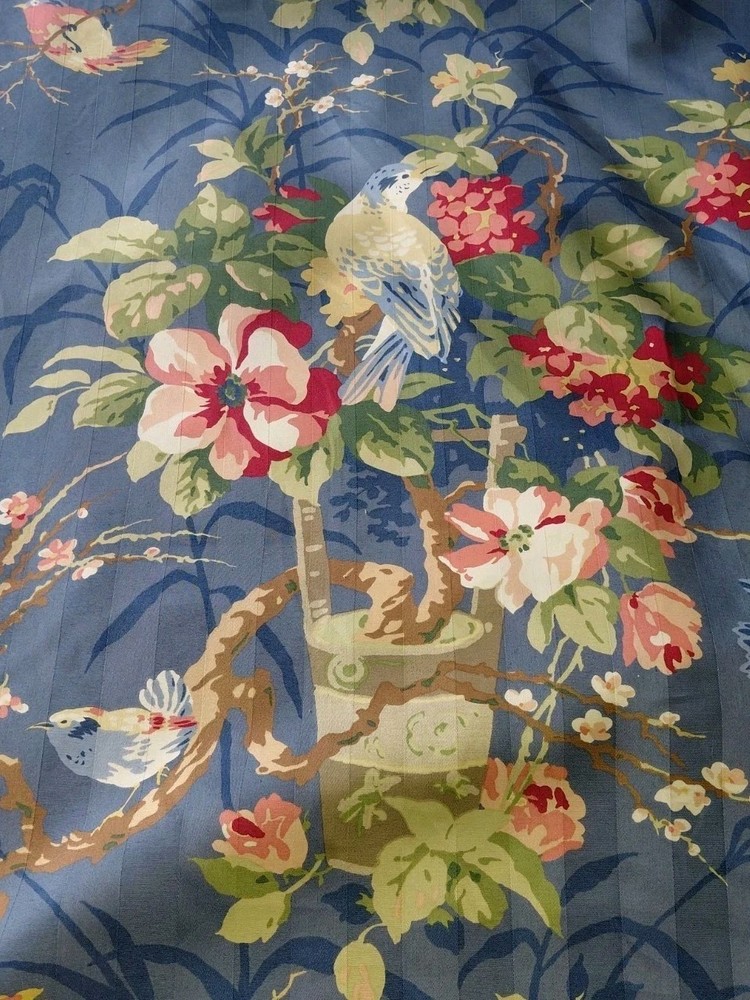 Richloom Platinum Collection Blue Stripe Floral Birds Fabric 6+ Yds NEW Charming