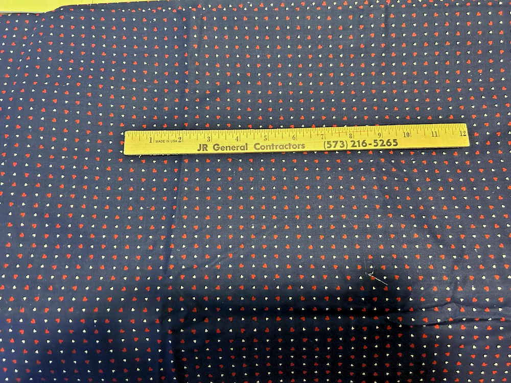 Navy material with tiny red & white hearts 3yards 110″ X 44″