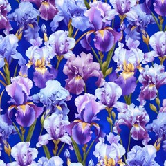 Beautiful Purple Irises on Blue Cotton Quilting Flora Fabric 36″ Yard 43″ Wide