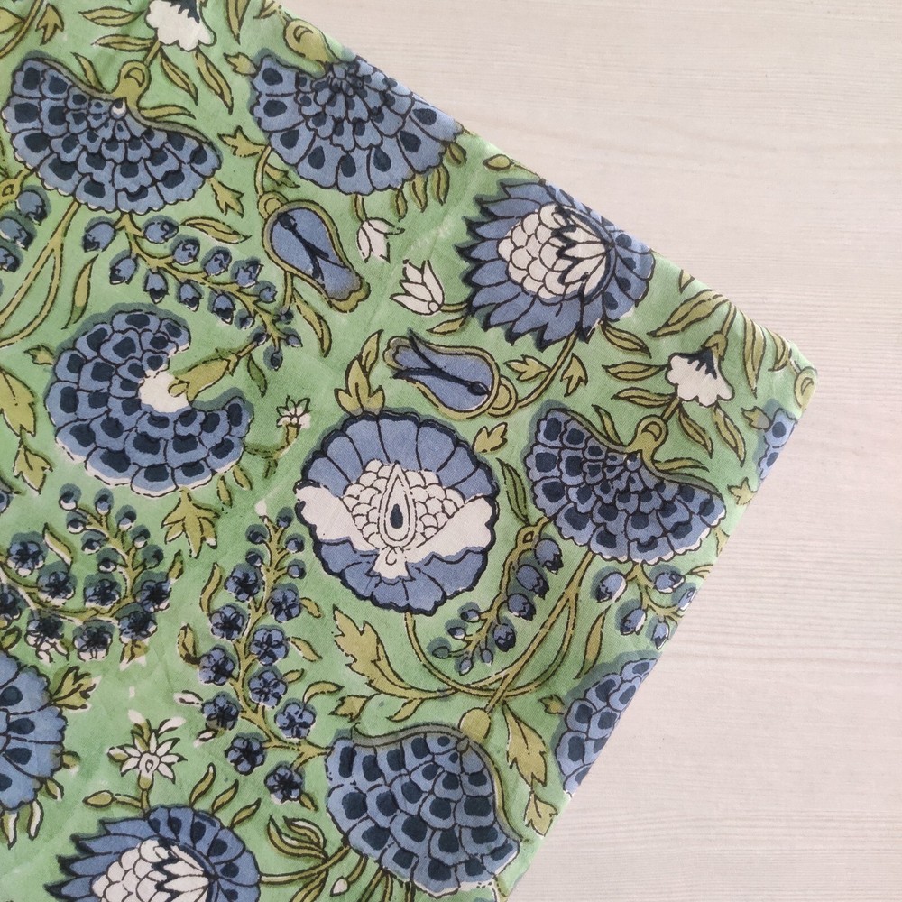 Green and Blue hand Block printed Cotton Fabric By The Yard Cushions Duvet Cover