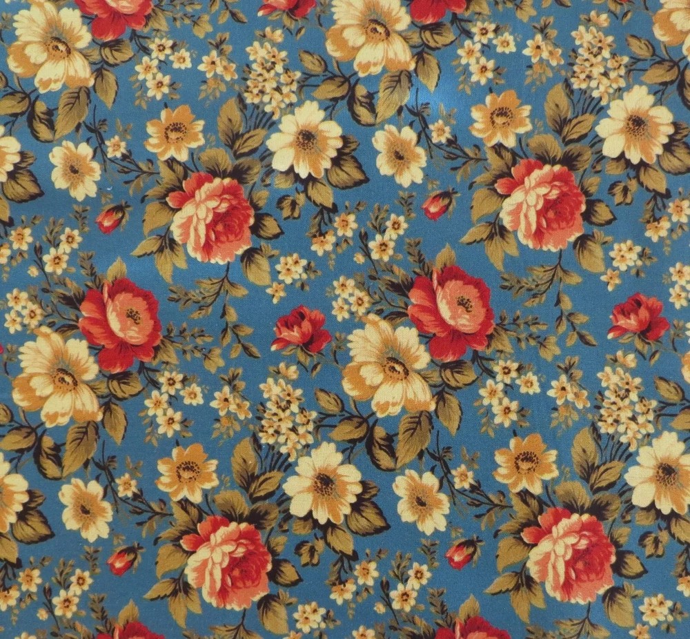 By The Yard ~ Flowers On Blue, Digital Cotton $3.99 Ships ANY Amount Of Fabric