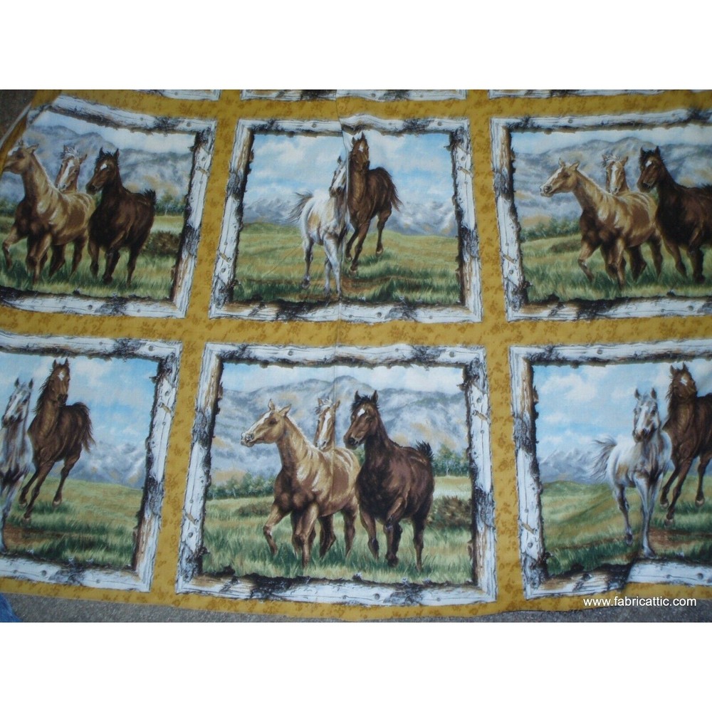 Running Wild horses blocks panel gold fabric