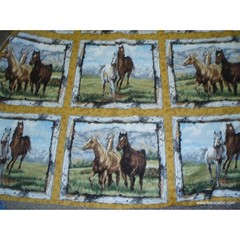 Running Wild horses blocks panel gold fabric