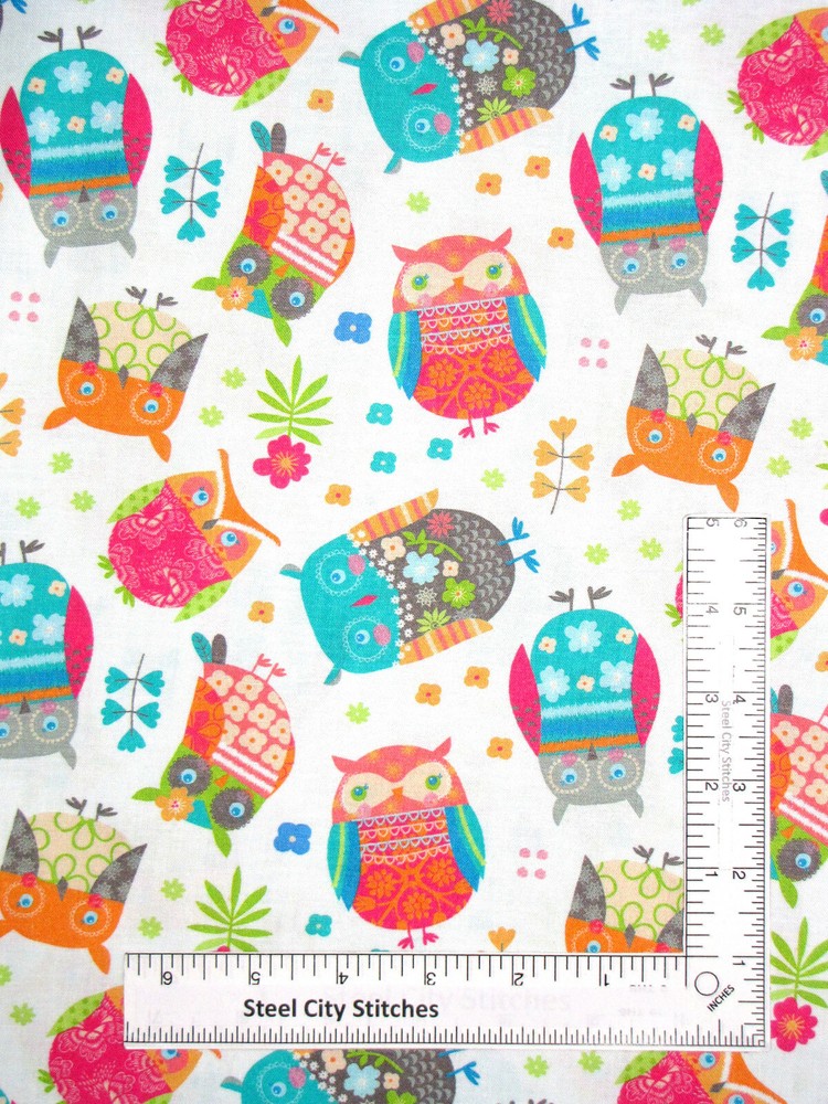 Owl Bird Flower Animal Toss White Fabric By the Yard Cotton Benartex Owls