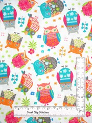 Owl Bird Flower Animal Toss White Fabric By the Yard Cotton Benartex Owls