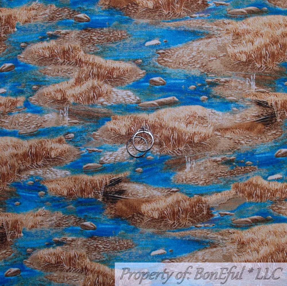 BonEful FABRIC FQ Cotton Quilt Blue Water Stream Boy Scout Fish Rock Grass Hunt