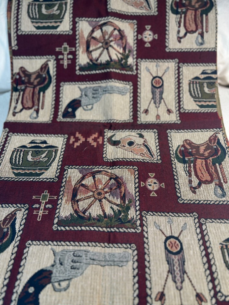 Fabric – Vintage Upholstery Tapestry Western Cowboy in Rope Frames 18″ L x 54″ W