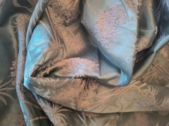 5 YARDS VINT 1940’S COTTAGE CORE DAMASK BROCADE FABRIC PINK FLOWERS ON BLUE EUC