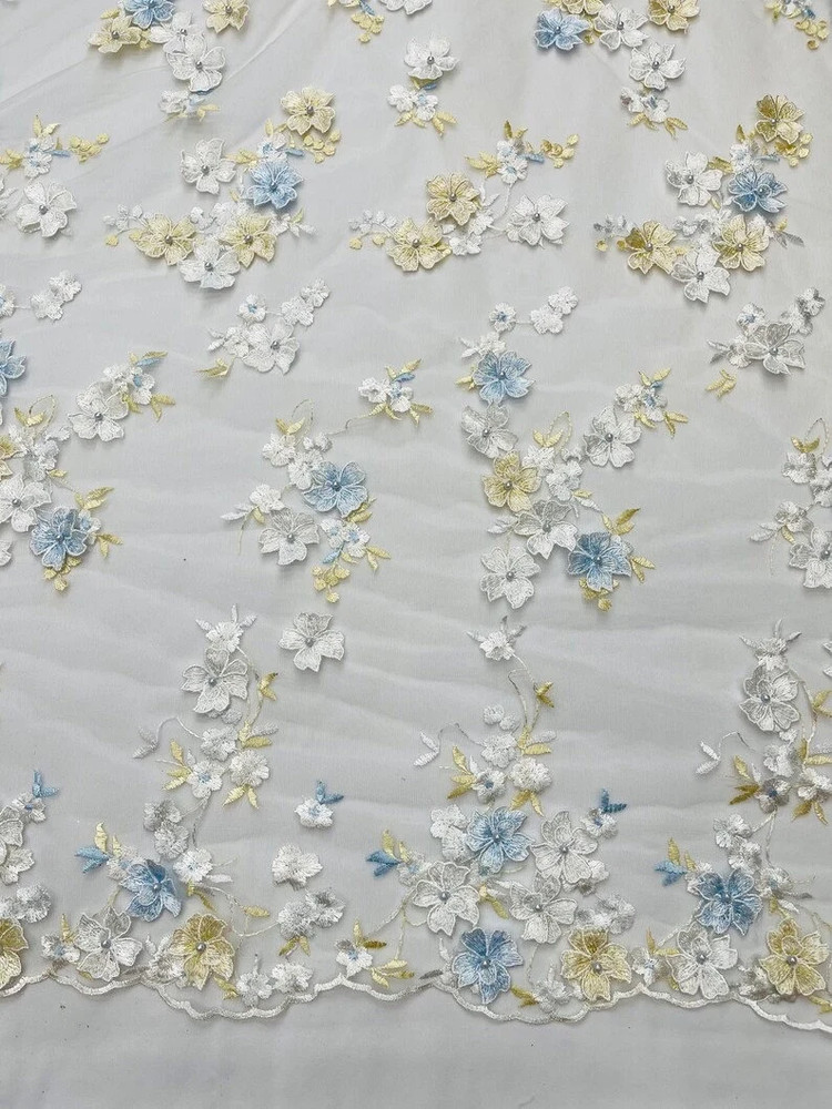 Off white Multi color 3d floral Daisy design embroider with pearls mesh lace 52″