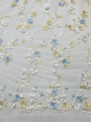 Off white Multi color 3d floral Daisy design embroider with pearls mesh lace 52″