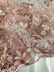 “Blush Pink Lace with Butterfly Embroidery and Sparkle – Quinceañera Fabric
