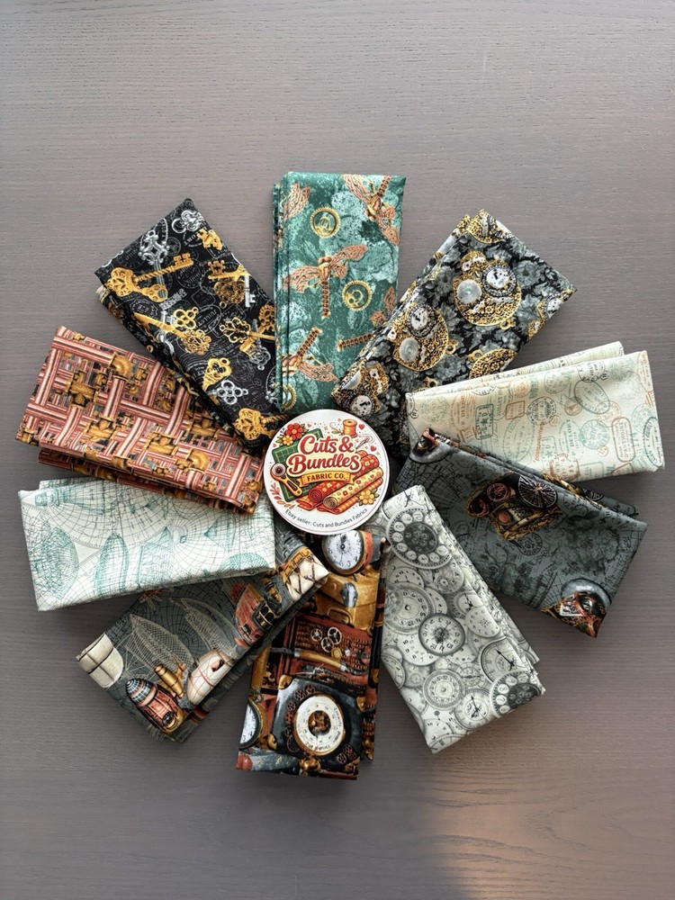 Time Travel Cotton Fat Quarters Bundle 10 piece Fabric Lot New 18×22 Steampunk