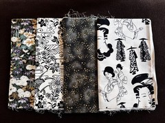 4 Japanese Cotton Fabrics cream black Geishas Chrysanthemums 2 yards Bundle