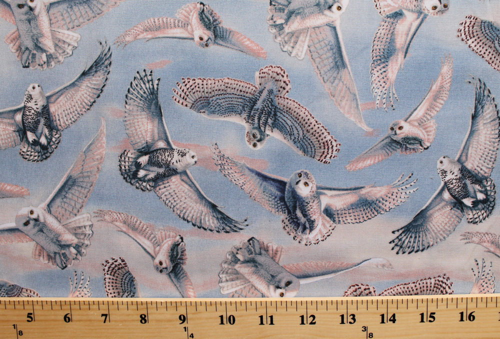 Cotton White Snowy Owls Arctic Owl Winter Sky Blue Fabric Print BTY D771.29