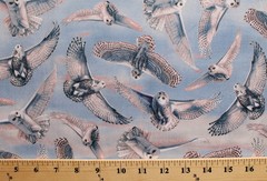Cotton White Snowy Owls Arctic Owl Winter Sky Blue Fabric Print BTY D771.29