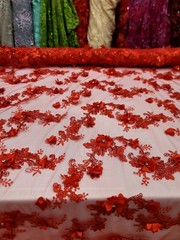 3d Red Floral Lace Fabric Sold By The Yard Embroidered Rhinestones 3d Lace Prom