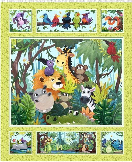 36″ X 44″ Panel Jungle Friends Animals Birds Snakes Hippos Cotton Fabric D774.12