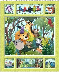 36″ X 44″ Panel Jungle Friends Animals Birds Snakes Hippos Cotton Fabric D774.12