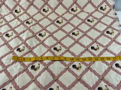 Embroidered Roosters Red & White Gingham Lattice on Ivory Upholstery Fabric 1 yd