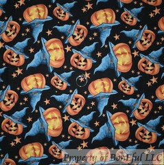 BonEful Fabric FQ Cotton Quilt Black Orange Pumpkin Face Witch Hat Glow Kid Star