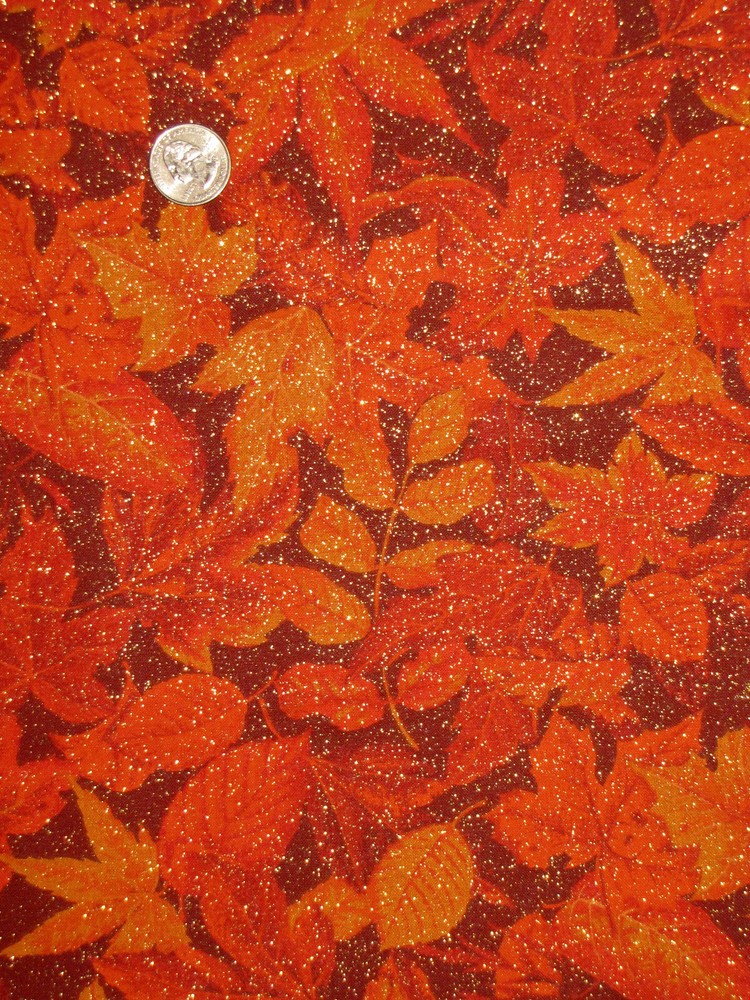 Fall Autumn Leaf Leaves Orange Red Gold Glitter Cotton Fabric Traditions By Yard