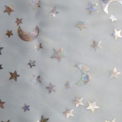 Silver stars and moon on Light Blue stretch Silky Spandex 1yd 12″ x 48