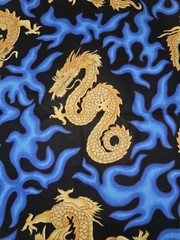 Cranston VIP Golden Dragon Oriental Blue FLAMES Cotton Fabric 2.25 Yrds X 45″ W