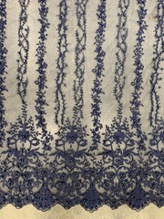 Daphne NAVY BLUE Faux Pearls Beaded Flowers and Vines Lace Embroidery on Mesh F