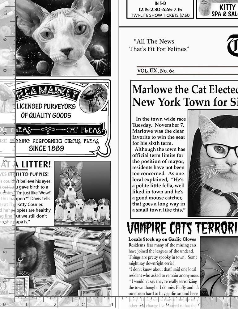Cotton Cats Newspaper Quirky Cats Cotton Fabric Print by the Yard D382.65
