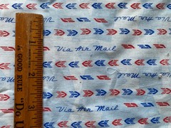 Via Air Mail, Red and Blue Fabric, Postal Theme, 15 x 13 inches