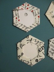 Quilt Block Fabric Basted 1″ Hexagons Lot of 211 All Print Words for EPP Crafts