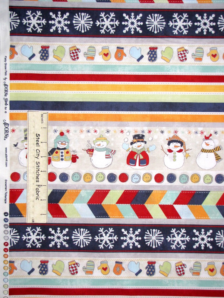 Christmas Snowman Border Stripe Cotton Fabric Flaky Snow Pals Collection YARD