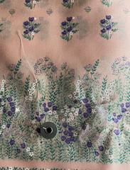Peach with Purple Flowers by the piece, 56” wide by 2 yds 8” long, Polyester ?