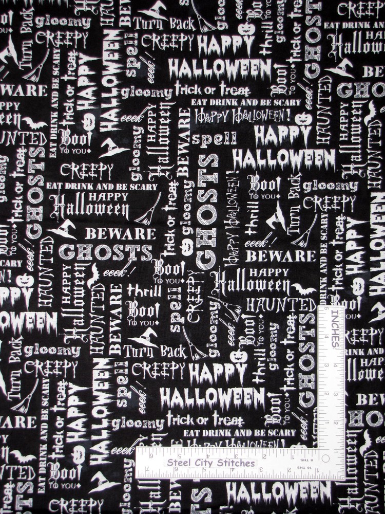 Halloween Words White Black Cotton Fabric Windham Eat Drink Scary By The Yard