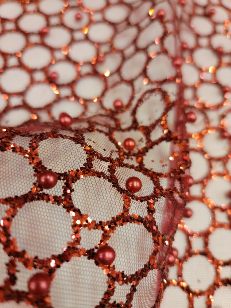 Fabric Sold By The Yard Burgundy Beaded Lace Glitter Sparkle Pearls On Mesh Prom