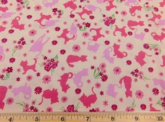 Pink ,Mauve Cats & Flower on Ivory Meow by M’Liss Rae Hawley JoAnn Fabrics 1.5yd