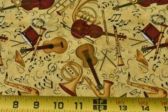 By 1/2 Yd, Burgundy & Tan Musical Instrument on Gold Cotton, Jo-Ann, Mumm, P9222