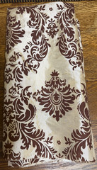 Vintage 1.5 YARDS+ Elegant Beige & Brown FLOCKED Fleur de Lis FABRIC 25″ x 59″