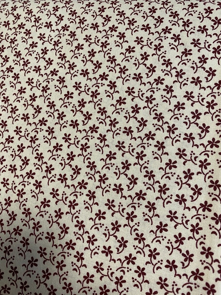 Calico Flowers Burgundy on Tan cotton Fabric per yd. Circa 1800s