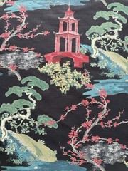 Regal Zen Asian Scenic Decor Fabric | Chinoiserie Pagoda Print Upholstery Yardag