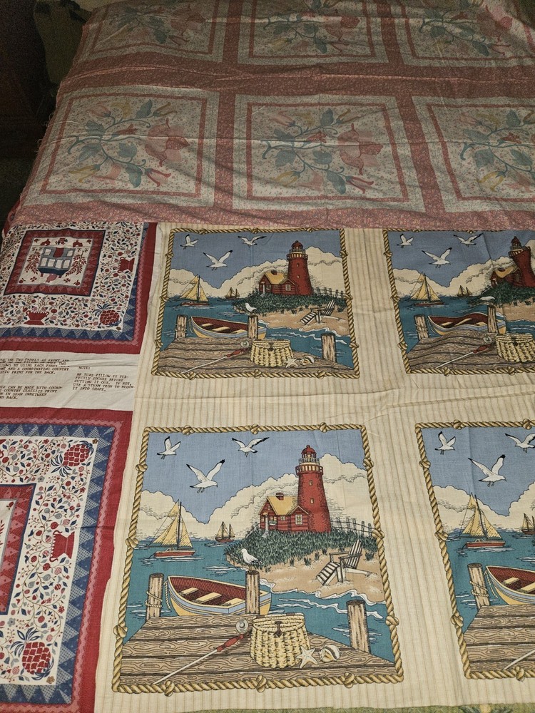 Lot Of 12 VTG Cotton Fabric Pillow Panels Lighthouse ,Farmhouse & Flowers Read