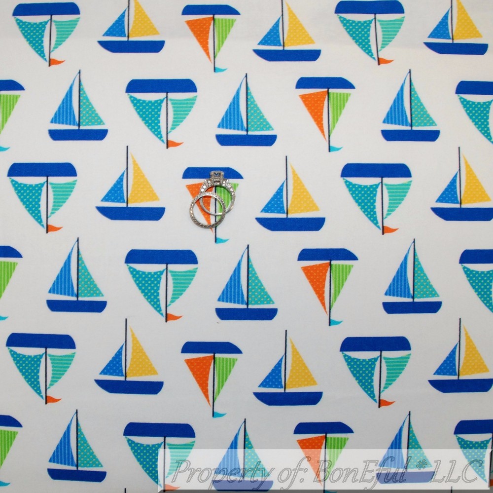 BonEful Fabric FQ Cotton Quilt White Blue Yellow Orange Ocean Sail Boat Kid SALE