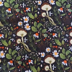 By The Yard, Woodland Mushrooms Black ~ $3.99 Ships ANY Amount Of Cotton Fabric