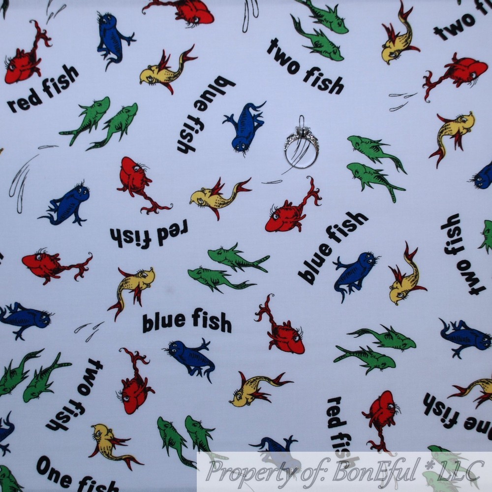 BonEful FABRIC FQ Cotton Quilt White Red Blue Yellow Green One Fish Two Dr Seuss