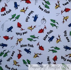 BonEful FABRIC FQ Cotton Quilt White Red Blue Yellow Green One Fish Two Dr Seuss