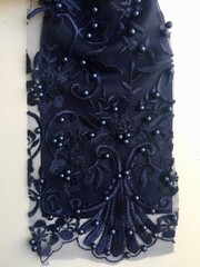 Daphne NAVY BLUE Faux Pearls Beaded Flowers and Vines Lace Embroidery on Mesh F